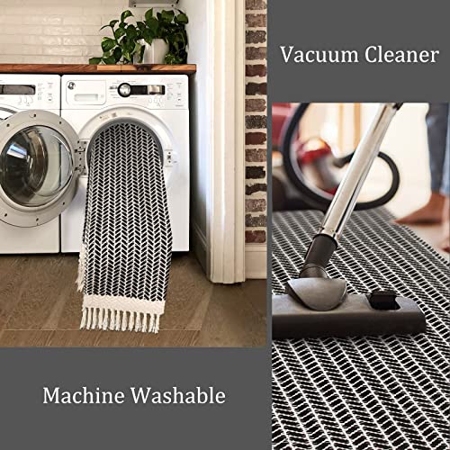 Lahome Boho Bathroom Rugs, Small 2x3 Front Door Mat Lightweight Kitchen Rug Woven Cotton Area Rug with Tassels, Farmhouse Washable Black and White Throw Rug Low Pile Carpet for Entry Laundry