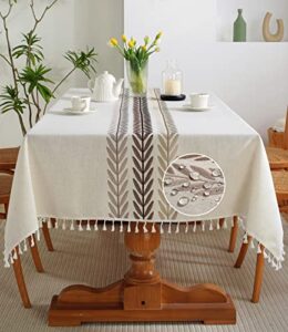 jiale table cloth rectangle table, heavy duty cotton linen waterproof tablecloths farmhouse tablecloth, soft and wrinkle free table cover with tassels, 55”x 86”, 6-8 seats