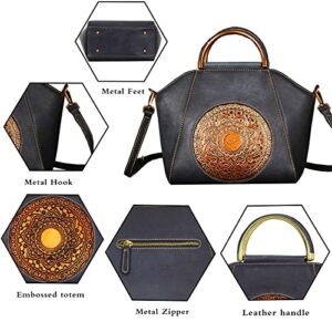 Women Genuine Leather Handbags Ladies Vintage Satchel Embossing Totem Retro Shoulder Crossbody Vegetable Tanning leather Bag (Ink Blue)