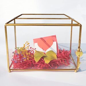 qlqsimon 10.2” handmade gold geometric terrarium – glass wedding card box with slot and lock- large clear display box for wedding reception, wishwell, keepsake