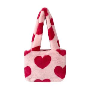 plush shoulder bag hobo bag small fluffy purse love pattern clutch bag winter furry handbag underarm purse for women
