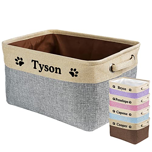 MALIHONG Custom Dog Basket for Toys Collapsible Storage Bin Grey Brow Pink Purple Blue Rectangular Pet Storage Organizer Box with Handles Medium Customized Name