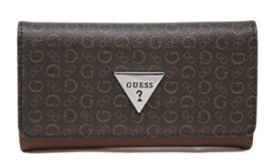 guess women’s evanston logo print slim trifold wallet clutch bag – dark brown