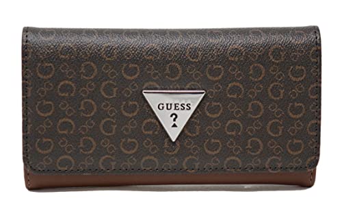 GUESS Women's Evanston Logo Print Slim Trifold Wallet Clutch Bag - Dark Brown