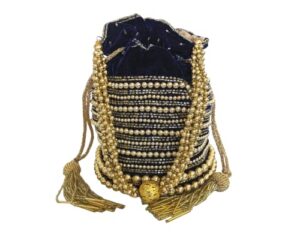 indian potli bag, bucket bag embellished with golden motifs for parties, weddings, brides, festivals, velvet purse (navy)