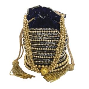 Indian Potli Bag, Bucket Bag Embellished With Golden Motifs For Parties, Weddings, Brides, Festivals, Velvet Purse (Navy)