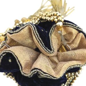 Indian Potli Bag, Bucket Bag Embellished With Golden Motifs For Parties, Weddings, Brides, Festivals, Velvet Purse (Navy)