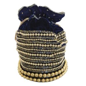Indian Potli Bag, Bucket Bag Embellished With Golden Motifs For Parties, Weddings, Brides, Festivals, Velvet Purse (Navy)