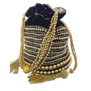 Indian Potli Bag, Bucket Bag Embellished With Golden Motifs For Parties, Weddings, Brides, Festivals, Velvet Purse (Navy)