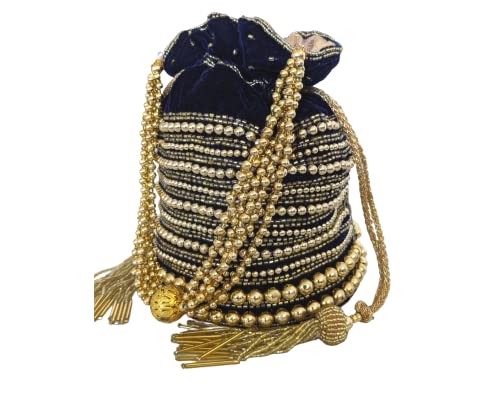 Indian Potli Bag, Bucket Bag Embellished With Golden Motifs For Parties, Weddings, Brides, Festivals, Velvet Purse (Navy)