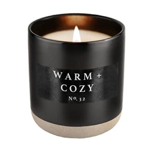 sweet water decor warm and cozy soy candle | orange peel, cinnamon, ginger, clove, cypress, fir balsam and pine scented candles for home | 12oz black stoneware jar, 60+ hour burn time, made in the usa