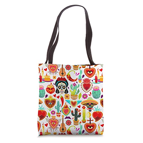 Mexican Red Chilli Pepper Sacred Hearts Sugar Skull Pattern Tote Bag