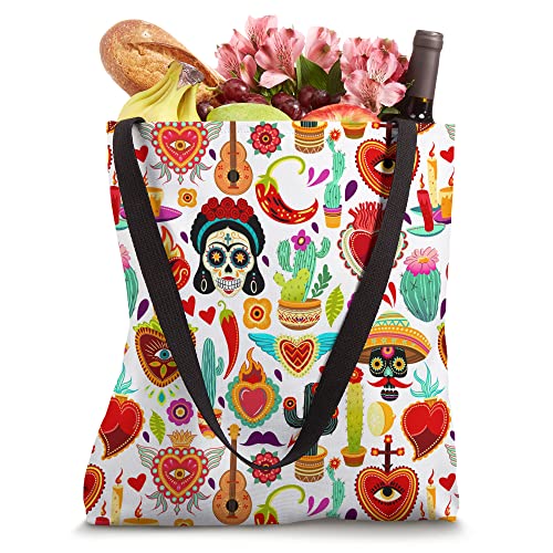 Mexican Red Chilli Pepper Sacred Hearts Sugar Skull Pattern Tote Bag