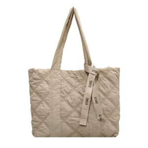 women puffer bag quilted puffy tote bag lightweight cotton padded shoulder bag trendy hobo hippie down handbag (beige)
