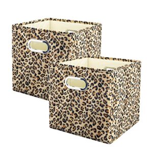 anminy 2pcs storage cube set leopard print large velvet fabric storage bins boxes baskets with handles pp plastic board foldable closet shelf organizer container for home office – brown, 11″x 11″x 11″