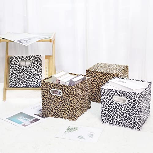 ANMINY 2PCS Storage Cube Set Leopard Print Large Velvet Fabric Storage Bins Boxes Baskets with Handles PP Plastic Board Foldable Closet Shelf Organizer Container for Home Office - Brown, 11"x 11"x 11"