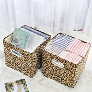 ANMINY 2PCS Storage Cube Set Leopard Print Large Velvet Fabric Storage Bins Boxes Baskets with Handles PP Plastic Board Foldable Closet Shelf Organizer Container for Home Office - Brown, 11"x 11"x 11"