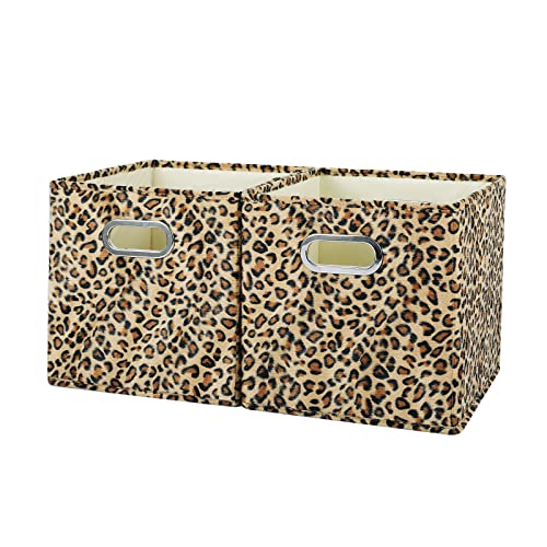 ANMINY 2PCS Storage Cube Set Leopard Print Large Velvet Fabric Storage Bins Boxes Baskets with Handles PP Plastic Board Foldable Closet Shelf Organizer Container for Home Office - Brown, 11"x 11"x 11"