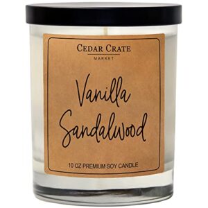 cedar crate market – vanilla sandalwood candles for home – scented soy wax candles gifts for women and men, aromatherapy candles infused with essential oils – 13.5 oz clear jar, made in the usa