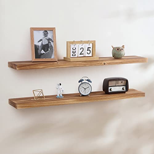 Floating Shelves - Natural Rustic Wooden Wall Shelf Set of 2- Handcrafted European Pine Storage Shelf Display Shelf for Kitchen Bathroom Living Room Bedroom Farmhouse - Light Walnut - 36 Inch