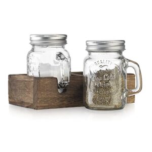 MosJos Mason Jar Salt and Pepper Shaker - Vintage Glass Condiment Dispenser Set with Wooden Holder Caddy - Farmhouse Kitchen Decor, Easy Refill 5-ounce Capacity with Stainless Steel Lids