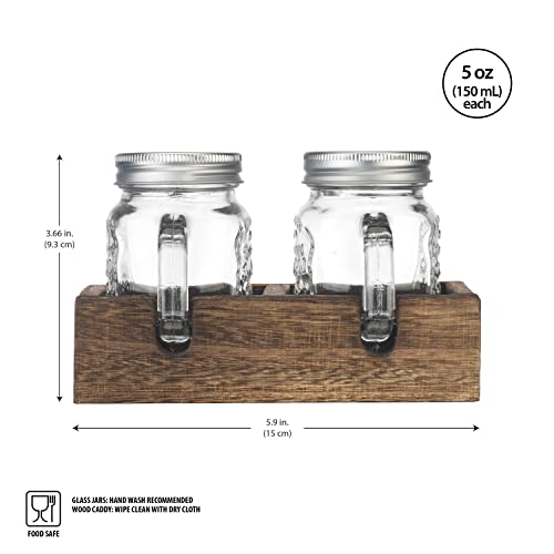 MosJos Mason Jar Salt and Pepper Shaker - Vintage Glass Condiment Dispenser Set with Wooden Holder Caddy - Farmhouse Kitchen Decor, Easy Refill 5-ounce Capacity with Stainless Steel Lids