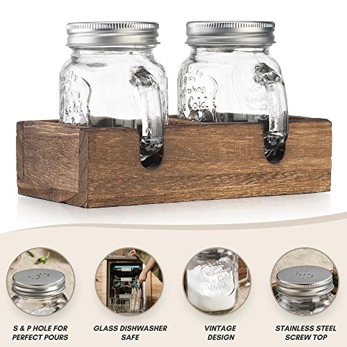 MosJos Mason Jar Salt and Pepper Shaker - Vintage Glass Condiment Dispenser Set with Wooden Holder Caddy - Farmhouse Kitchen Decor, Easy Refill 5-ounce Capacity with Stainless Steel Lids