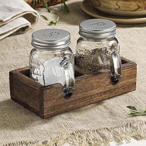 MosJos Mason Jar Salt and Pepper Shaker - Vintage Glass Condiment Dispenser Set with Wooden Holder Caddy - Farmhouse Kitchen Decor, Easy Refill 5-ounce Capacity with Stainless Steel Lids