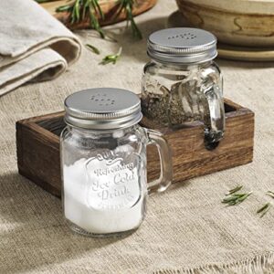 MosJos Mason Jar Salt and Pepper Shaker - Vintage Glass Condiment Dispenser Set with Wooden Holder Caddy - Farmhouse Kitchen Decor, Easy Refill 5-ounce Capacity with Stainless Steel Lids