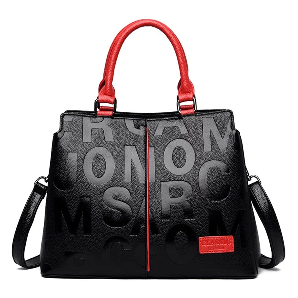 Fashion Leather Black with Red Handbags Medium for Women Luxury Shoulder Bag Tote Top-Handle Satchel Purses for Ladies