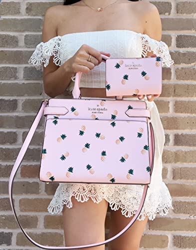 Kate Spade Staci Pineapple Medium Top Zip Satchel Pink Multi Bundled with Kate Spade Colada Medium Compact Bifold Wallet Pineapple Pink Multi K7218