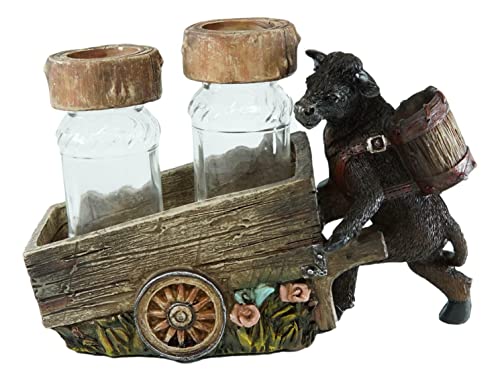 Set Of 1 Black Cattle Cow Pushing Wagon Cart Salt And Pepper Shakers