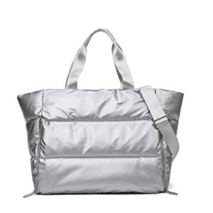 puffer tote bag,women large designer handbags, winter soft puffer shoulder bag women yoga fitness bag travel bag (silver)