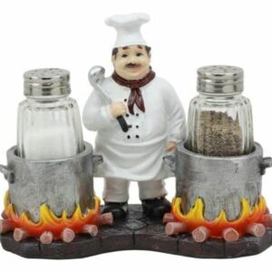 Set Of 1 Standing Chef With Flaming Pots Salt And Pepper Shakers