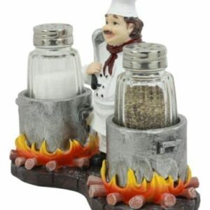 Set Of 1 Standing Chef With Flaming Pots Salt And Pepper Shakers