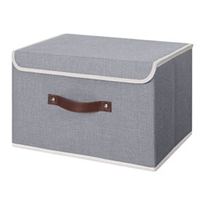 anminy storage bin with lid storage boxes with pu leather handles pp plastic board decorative foldable lidded cotton linen fabric home cubes baskets closet organizer container – gray, large size