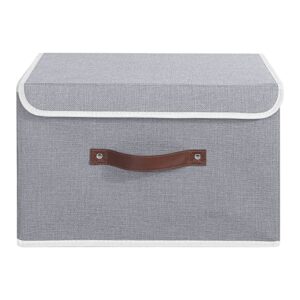 ANMINY Storage Bin with Lid Storage Boxes with PU Leather Handles PP Plastic Board Decorative Foldable Lidded Cotton Linen Fabric Home Cubes Baskets Closet Organizer Container - Gray, Large Size