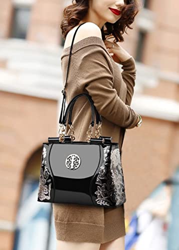 SMALLBLUER Women Patent Leather Tote Crossbody Bag Retro Pattern Shoulder Bags Satchel-Black