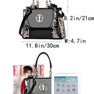 SMALLBLUER Women Patent Leather Tote Crossbody Bag Retro Pattern Shoulder Bags Satchel-Black