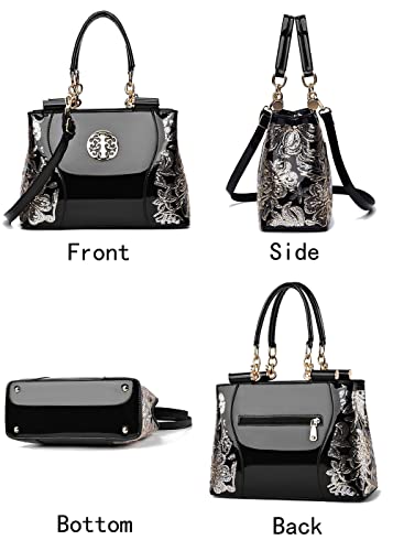 SMALLBLUER Women Patent Leather Tote Crossbody Bag Retro Pattern Shoulder Bags Satchel-Black