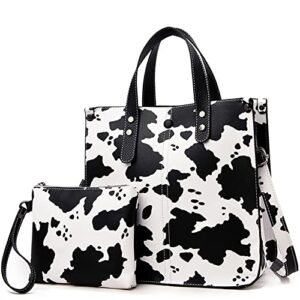 leopard print tote bag women animal print pu leather handbags ladies shoulder bags totes purse clutch wallet satchel style handbags 2 pcs set-cow pattern