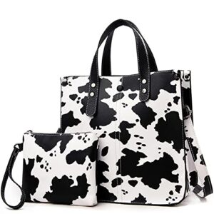 Leopard Print Tote Bag Women Animal Print PU Leather Handbags Ladies Shoulder Bags Totes Purse Clutch Wallet Satchel Style Handbags 2 PCS Set-Cow pattern