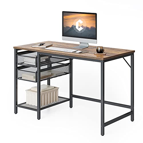 CubiCubi Computer Desk with Drawers, 47 Inch Office Desk with Storage Shelves, Modern Writing Study Work Desk for Home Office, Rustic Brown