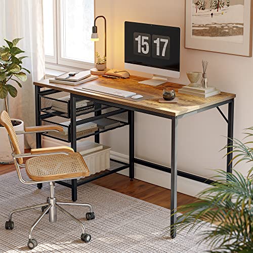 CubiCubi Computer Desk with Drawers, 47 Inch Office Desk with Storage Shelves, Modern Writing Study Work Desk for Home Office, Rustic Brown