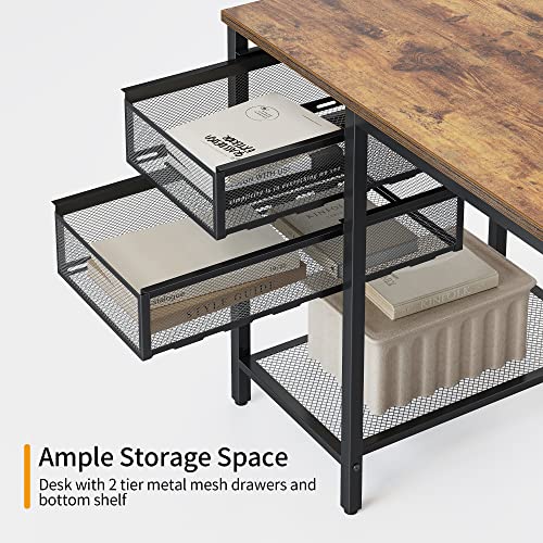 CubiCubi Computer Desk with Drawers, 47 Inch Office Desk with Storage Shelves, Modern Writing Study Work Desk for Home Office, Rustic Brown