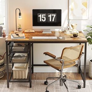 CubiCubi Computer Desk with Drawers, 47 Inch Office Desk with Storage Shelves, Modern Writing Study Work Desk for Home Office, Rustic Brown