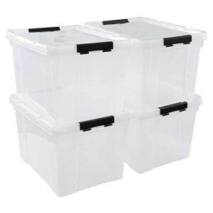 eudokkyna 4-pack clear plastic storage boxes with lids, latching bins totes with wheels, 34 quart