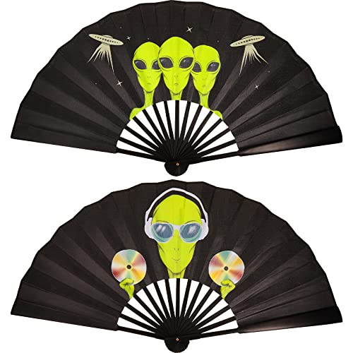 Taiyin 2 Pcs 13 Inch Large Alien Hand Fan Rave Festival Accessories Alien Folding Fans for Men Women Party Dance Performance Festival Party Gift