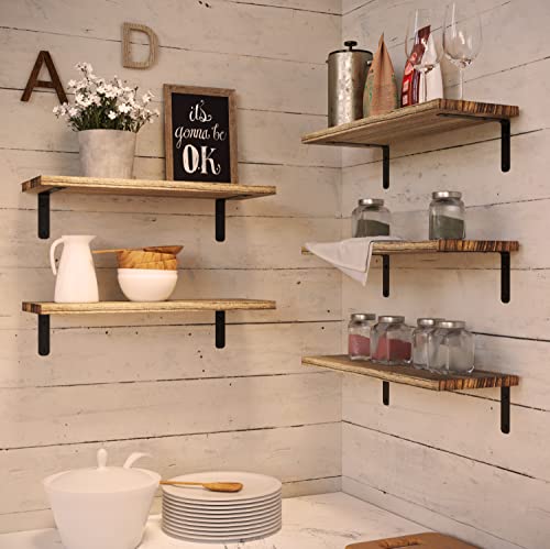 RICHER HOUSE Floating Wall Shelves, Rustic Wood Bathroom Shelves Set of 5, Farmhouse Style Floating Shelf for Wall Décor, Hanging Shelves for Bedroom, Storage, Kitchen, Living Room - Carbonized Black