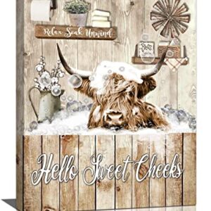 Funny Highland Cow Bathroom Wall Art Rustic Cow Bathroom Pictures Wall Decor Farmhouse Cow Canvas Prints Painting Country Home Decor Framed Artwork for Bathroom Ready to Hang 12"x16"